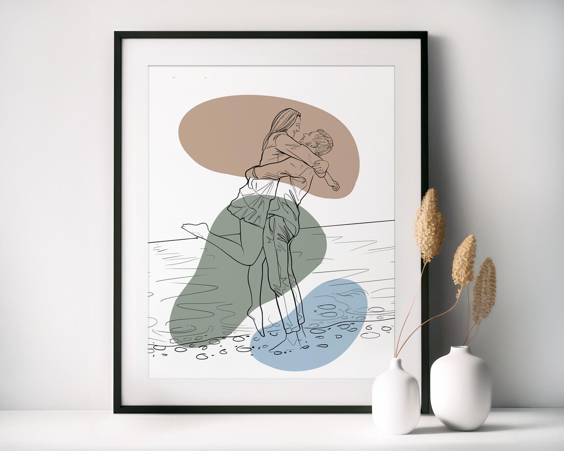 Beach Embrace Couple Line Drawing with Modern Color Blocks Poster