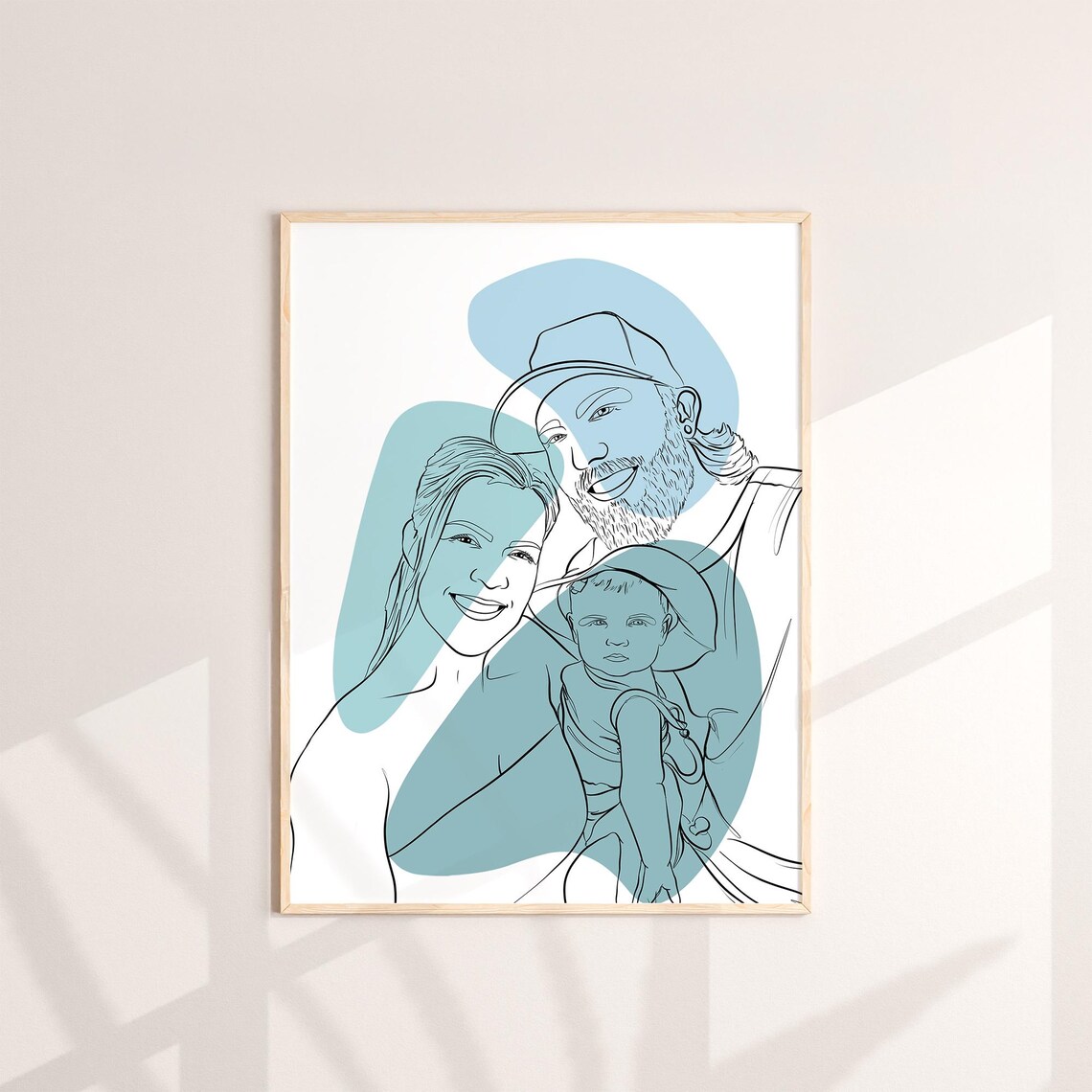 Family of Three Line Art Blue Abstract Shapes Portrait Poster