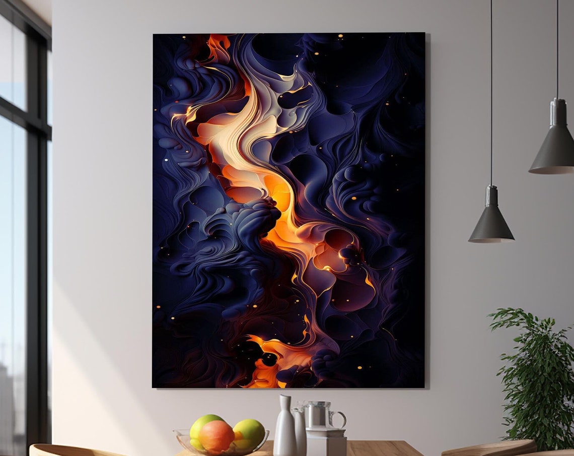 Burning Orange Flame Swirls Dark Marble Abstract Fire Wall Art