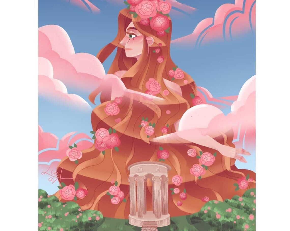 Dreamy Rose Goddess Rising Over the Clouds Mythology Art Poster
