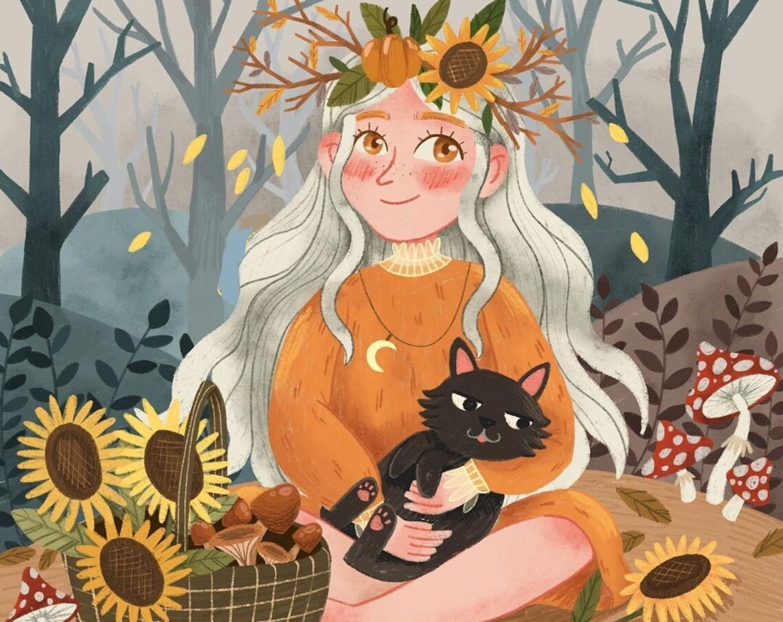 Autumn Girl with Black Cat Sunflower Fall Illustration Poster