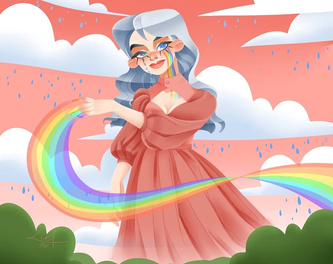 Graceful Woman Weaving a Rainbow Over Pink Rain Clouds Art Poster