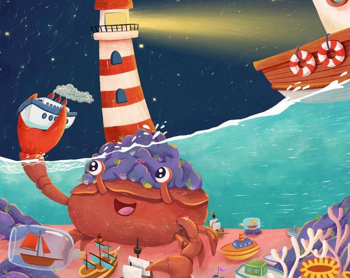 Giant Smiling Crab Waving Under the Lighthouse Night Scene Poster