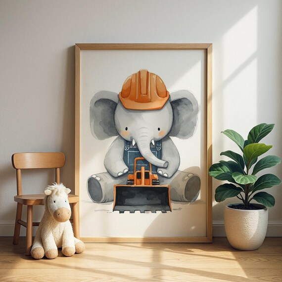 Cute Baby Elephant Bulldozer Construction Hard Hat Nursery Wall Art