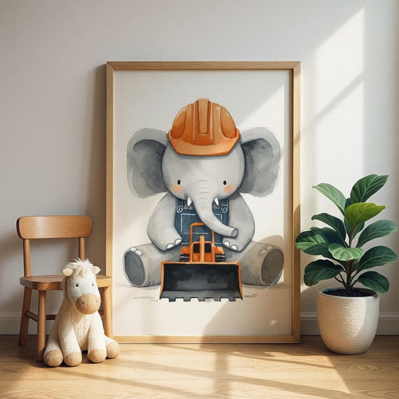 Elephant Bulldozer Construction Print Cute Operating Nursery Room Decor