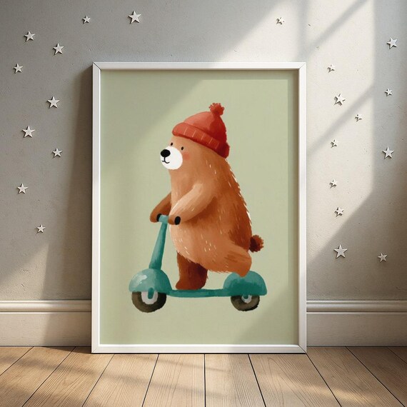 Brown Bear Red Beanie Scooter Ride Cute Kids Nursery Animal Wall Art