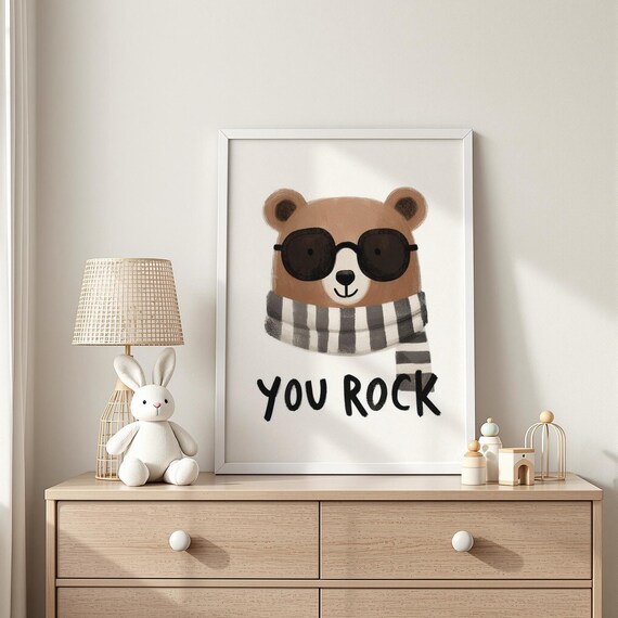 You Rock Bear Print Cool Animal Nursery Art Kids Room Wall Decor