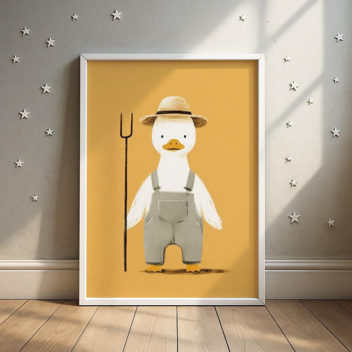 Farmer Duck in Overalls Watercolor Nursery Poster Mustard Background
