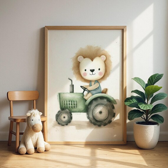 Smiling Lion Cub Driving a Green Tractor Nursery Room Art Print