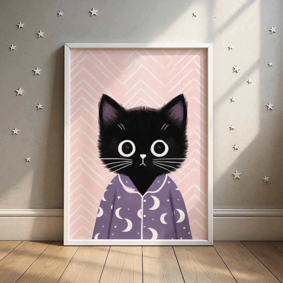 Cat In Pajamas Nursery Print Black Kitten Moon Pattern Baby Room Decor