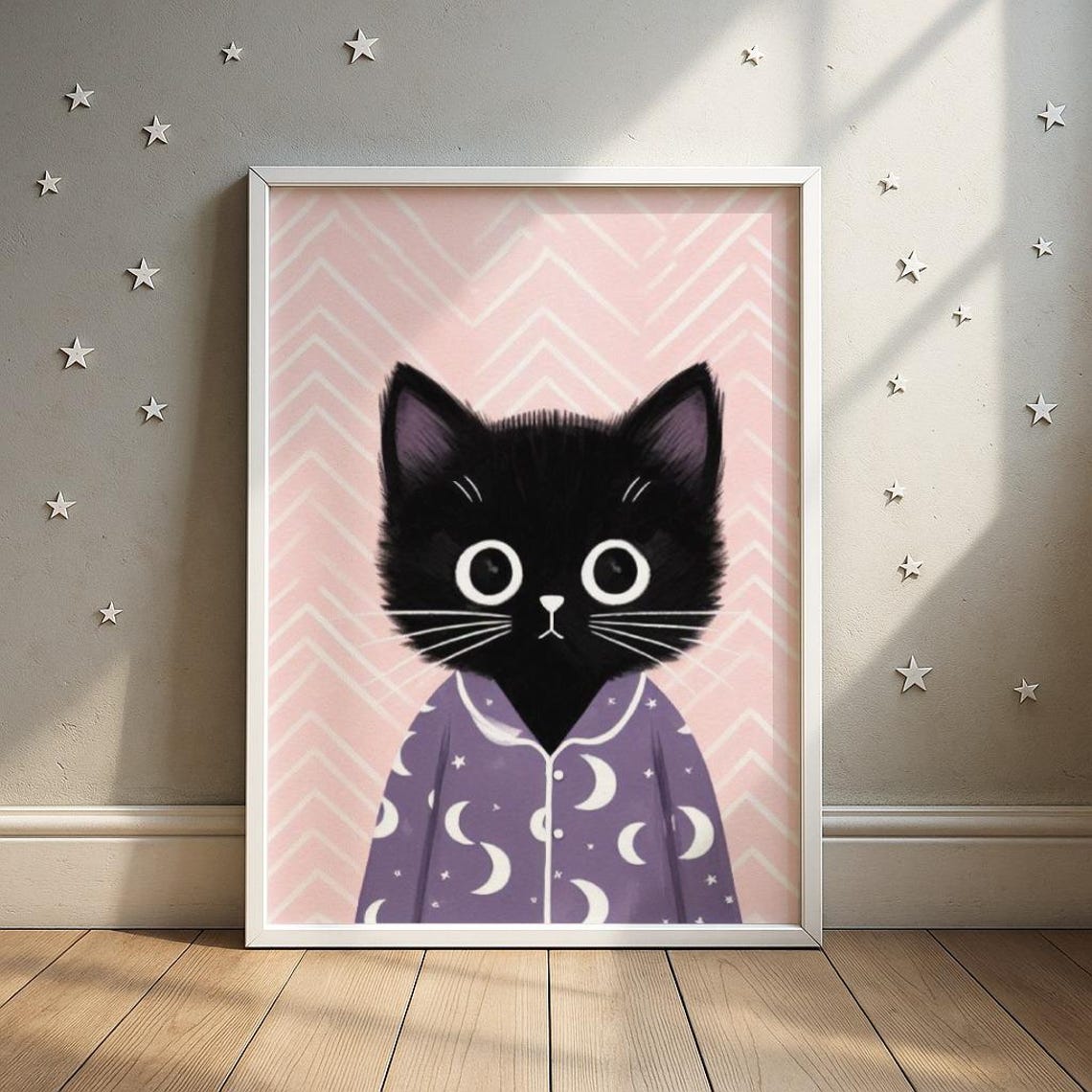 Cute Black Kitten In Purple Moon Pajamas Pink Nursery Room Wall Poster