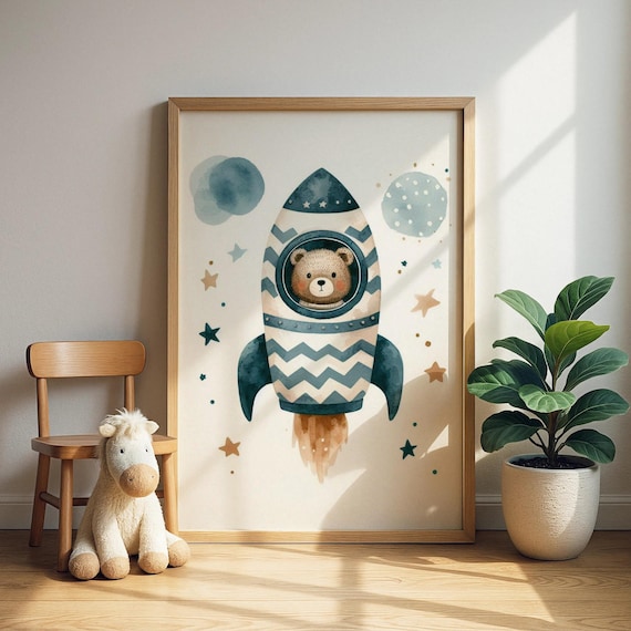 Cute Bear Astronaut Rocket Ship Nursery Space Adventure Wall Art