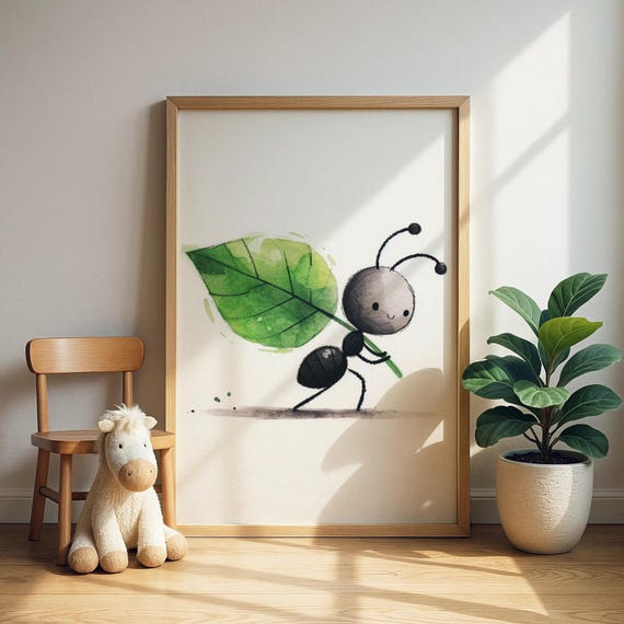 Bug With Leaf Cute Ant Print Adorable Holding Green Wall Art Nature Kids Room Decor