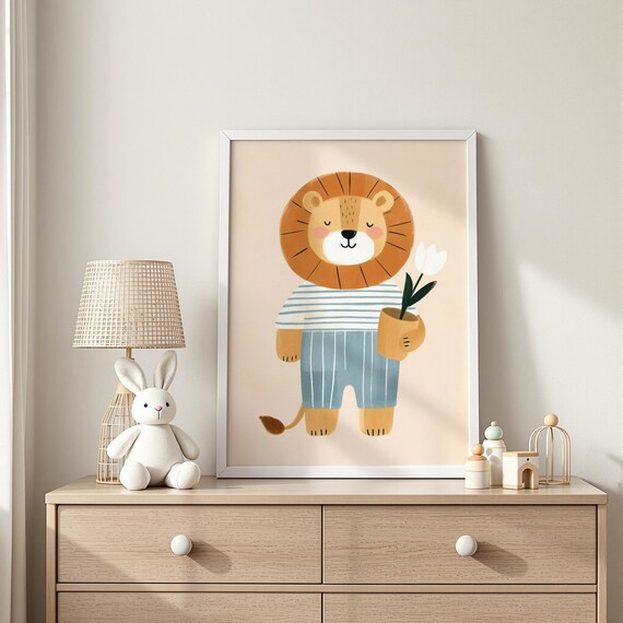Flowerholding Lion Nursery Art Whimsical Safari Animal With Bloom Illustration Baby Room Decor