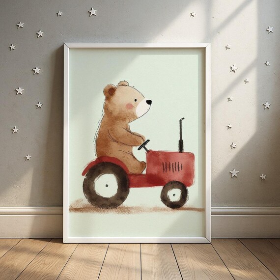Brown Bear Driving Red Tractor Watercolor Kids Nursery Poster