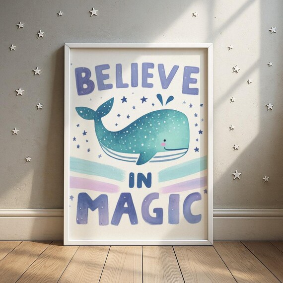 Believe In Magic Whale Fantasy Print Blue With Stars Dreamy Gradient Wall Art Kids Room Decor