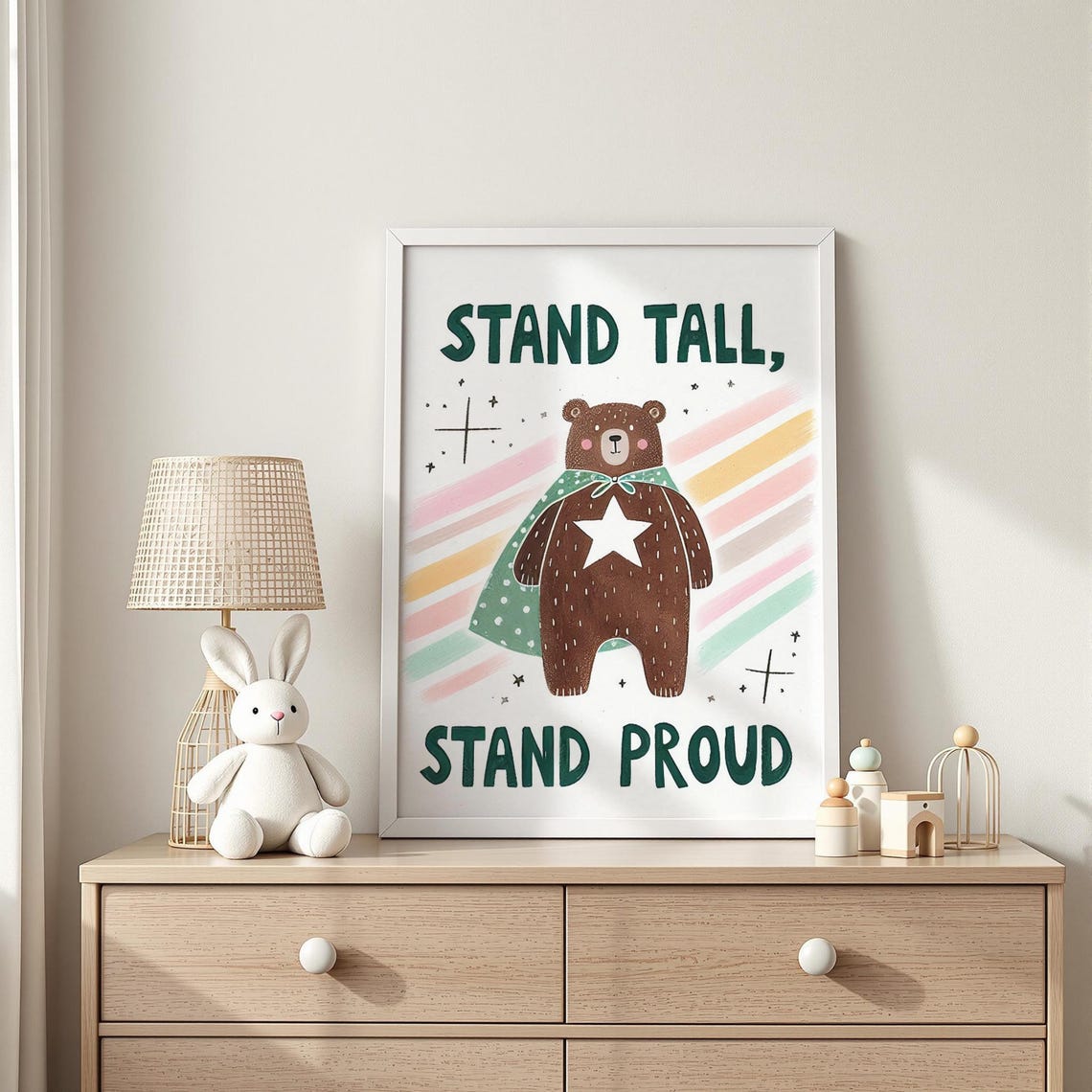 Stand Tall Stand Proud Caped Bear Quote Kids Room Motivational Poster