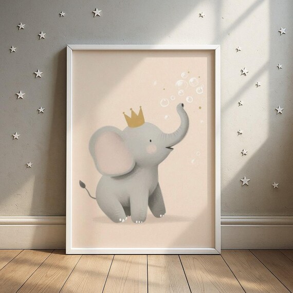 Baby Elephant Blowing Bubbles Wearing Golden Crown Nursery Poster
