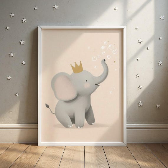 Bubbleblowing Elephant Art Royal With Crown Illustration Kids Room Decor