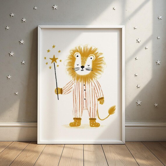 Magic Lion Cub Art Print Safari Animal Holding Wall Illustration Toddler Room Decor