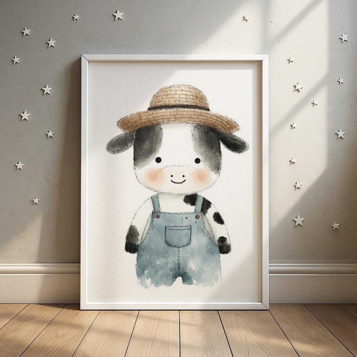 Cute Farm Cow Wearing Straw Hat Watercolor Nursery Wall Poster
