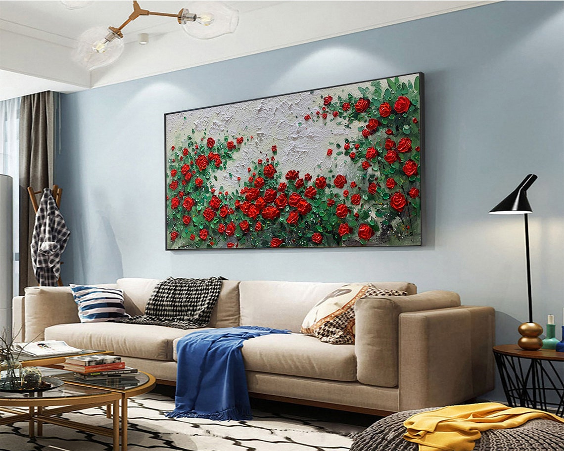 Red Roses Horizontal Panoramic Blooming Rose Bush Impasto Poster - Image 6