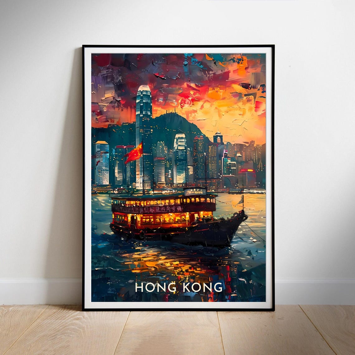 Hong Kong Star Ferry Night Harbor Painterly Skyline City Art Poster