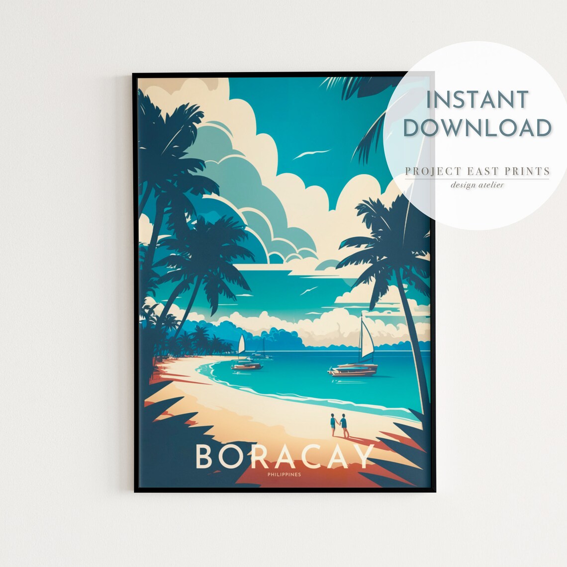 Boracay Philippines Tropical Beach Retro Travel Poster With Palm Trees