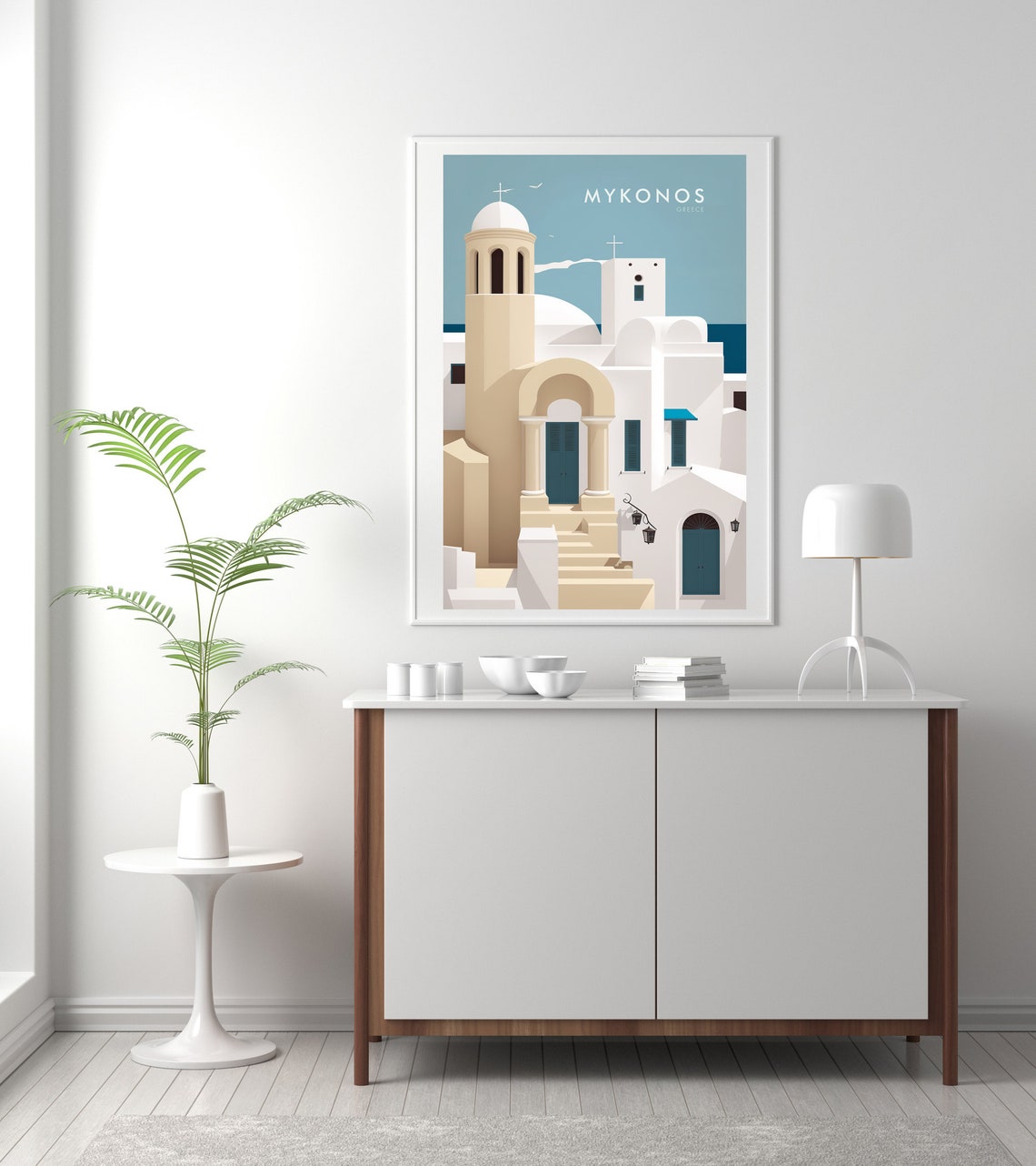 Mykonos Greece White Churches Retro Travel Poster With Dome And Cross - Image 2