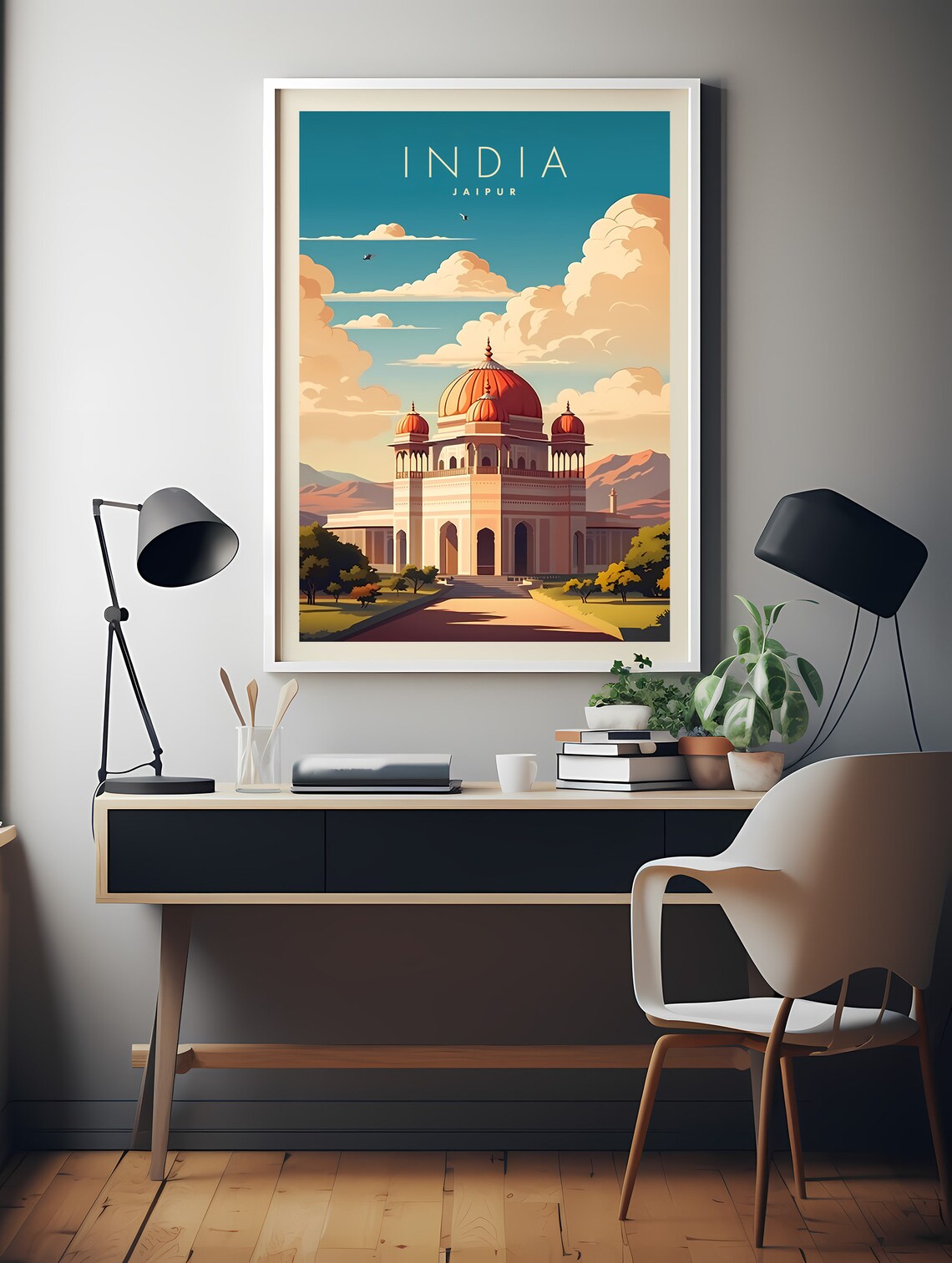 India Jaipur Palace Red Domes Desert Sunrise Retro Travel Poster - Image 2