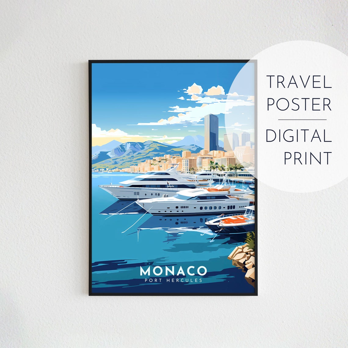 Monaco Port Hercules Retro Travel Poster With Luxury Yachts In Harbor