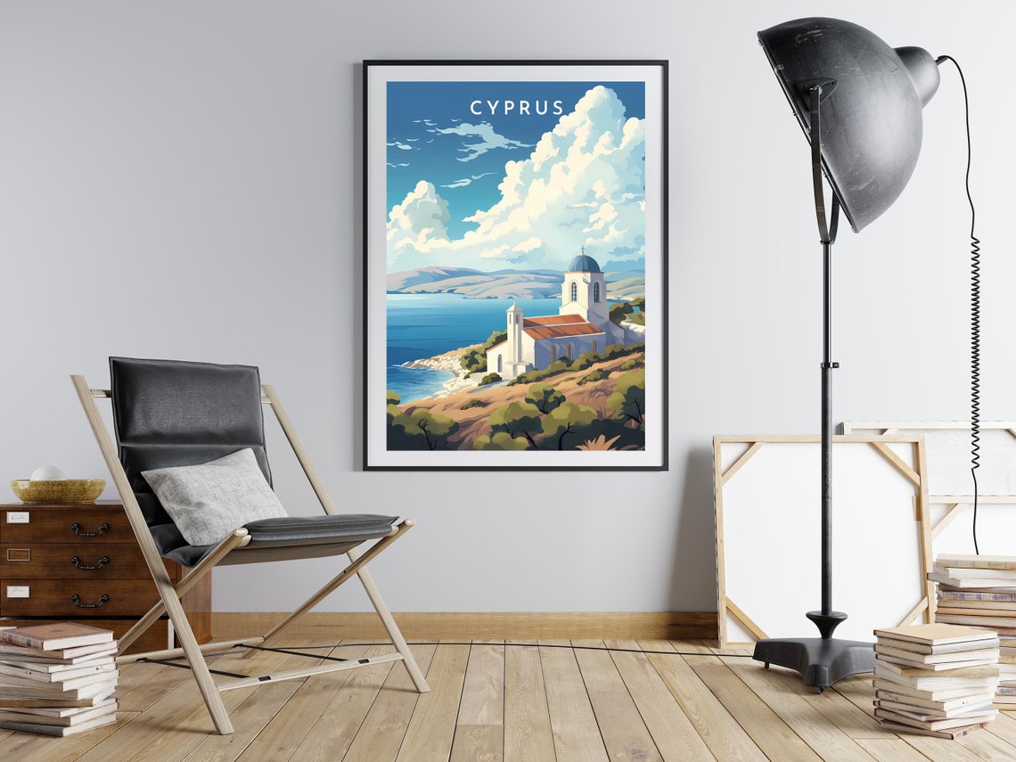 Cyprus Coastal White Church Blue Bay Scenic Retro Travel Poster - Image 2