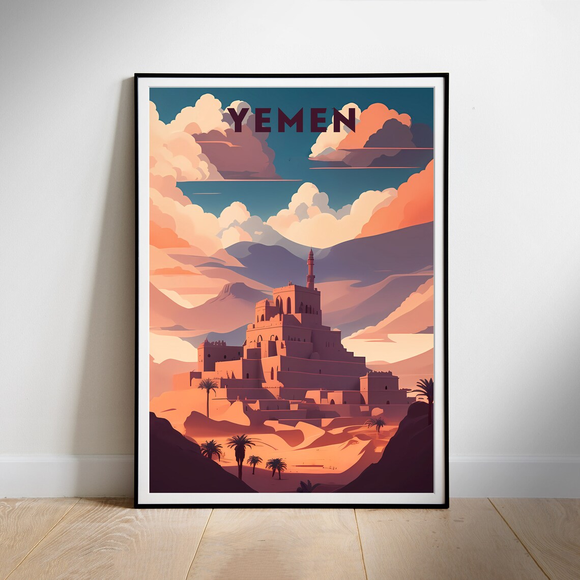 Yemen Desert Mountain Fortress Ancient City Sunset Travel Poster