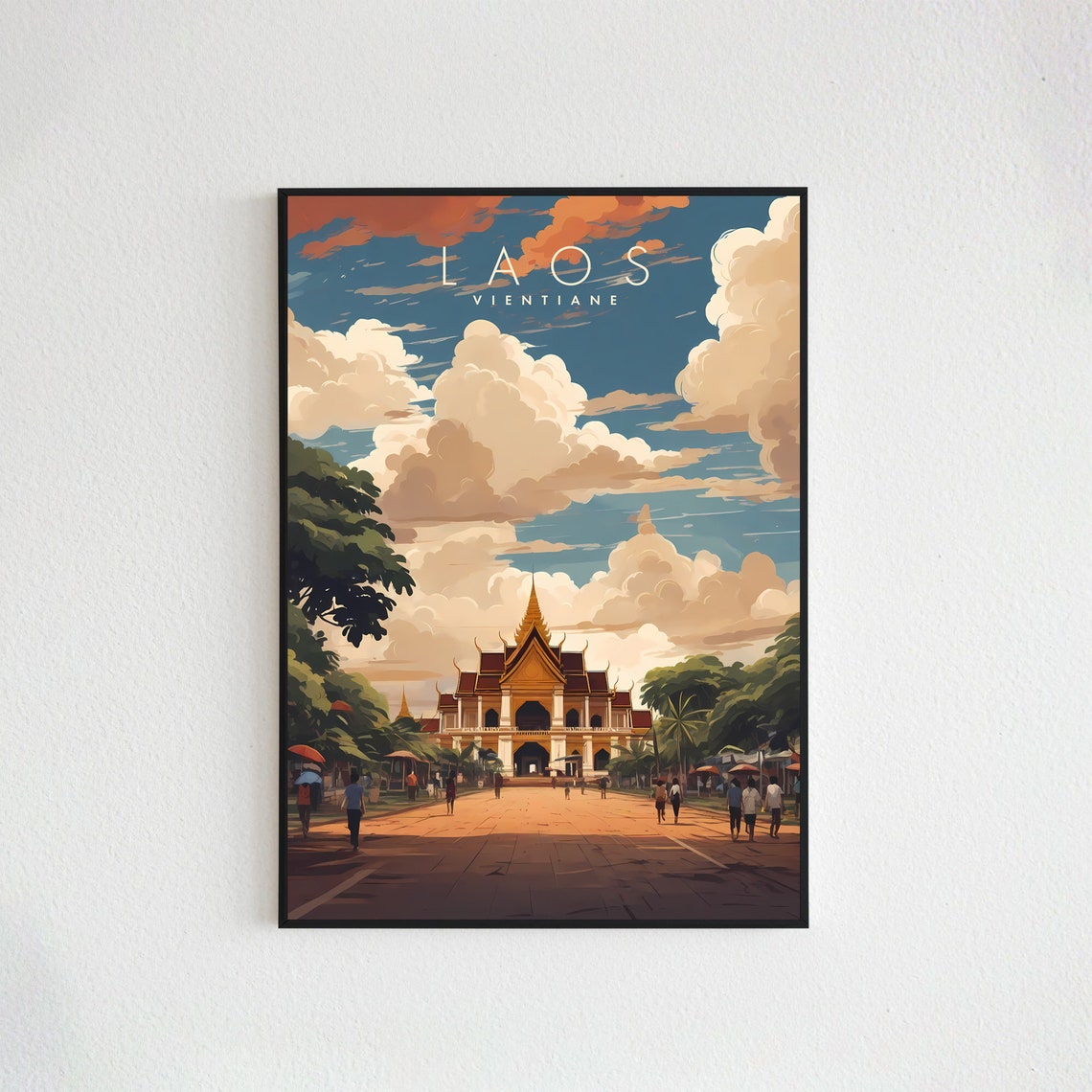 Laos Vientiane Golden Temple Plaza Boulevard Retro Travel Poster - Image 2