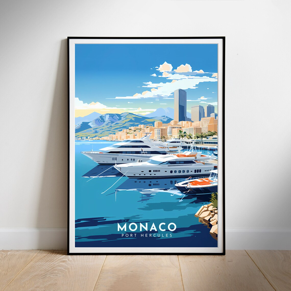Monaco Port Hercules Retro Travel Poster With Luxury Yachts In Harbor - Image 3