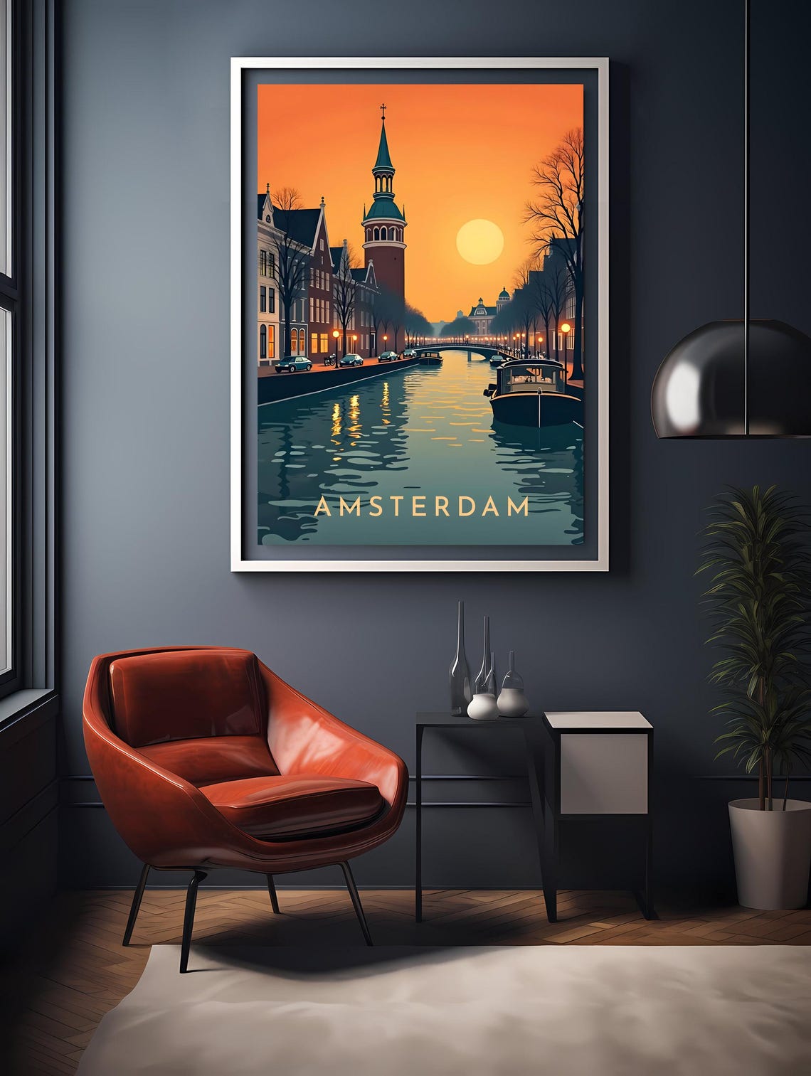 Retro Amsterdam Canal Sunset Scene Netherlands Travel Poster - Image 2