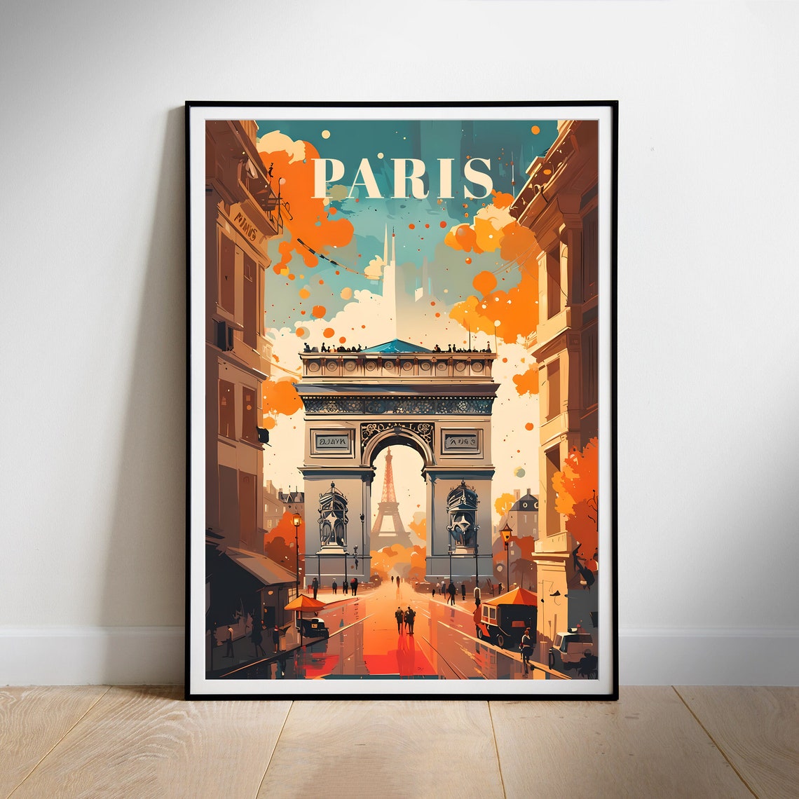 Paris Arc de Triomphe Eiffel Tower Autumn Retro Travel Poster