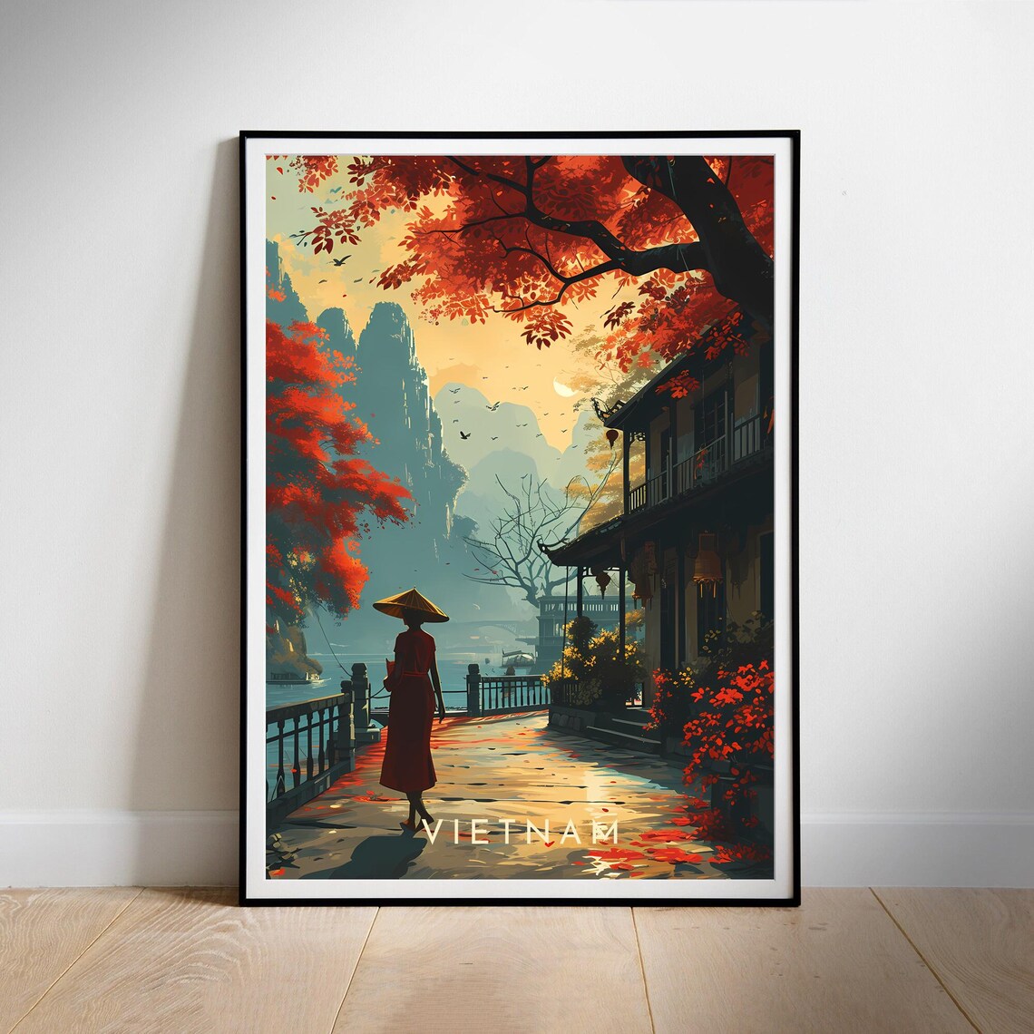 Vietnam Ha Long Bay Lantern Street Conical Hat Retro Travel Poster