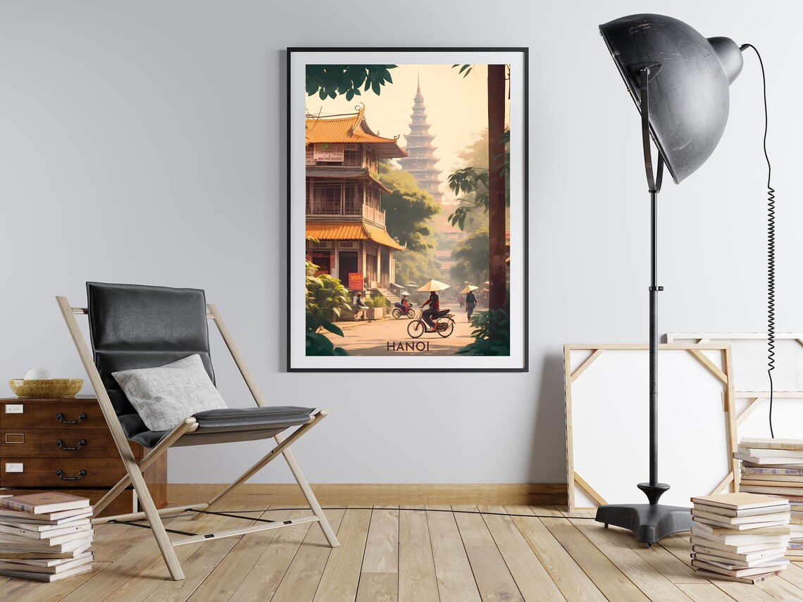 Hanoi Vietnam Old Quarter Cyclist Pagoda Street Retro Travel Poster - Image 2