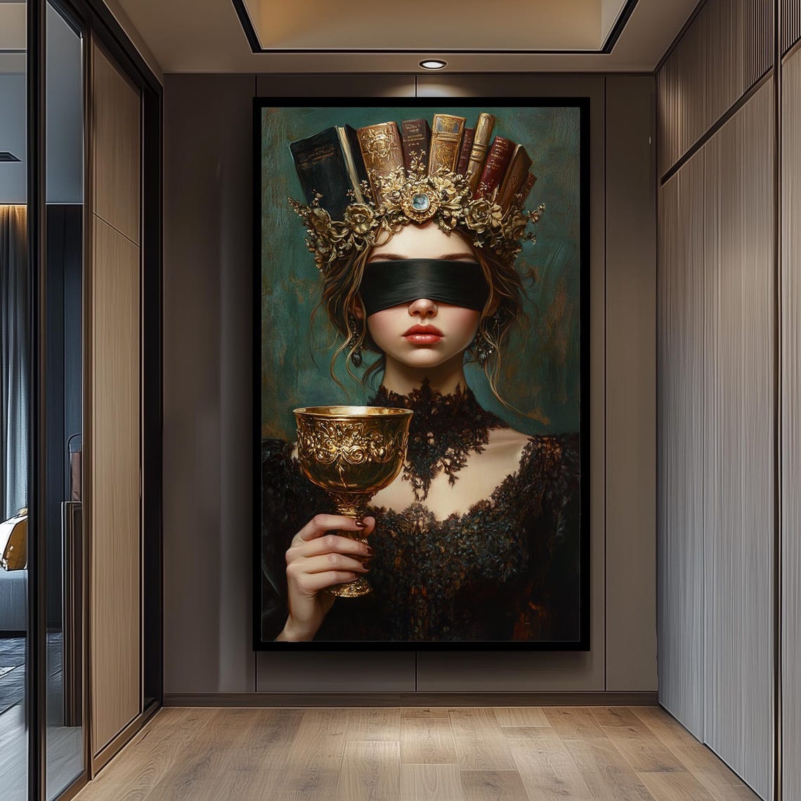 Dark Academia Canvas Art Blindfolded Woman Portrait Print Mysterious Gothic Wall Decor Moody Artwork For Study Or Library