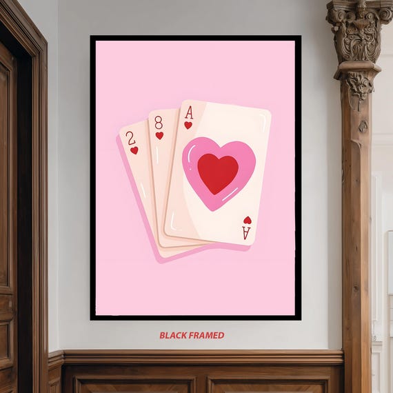Hearts Playing Cards Canvas Wall Art Cute Pink Love Card Illustration Print For Romantic Modern Or Game Room Decor Living Artwork