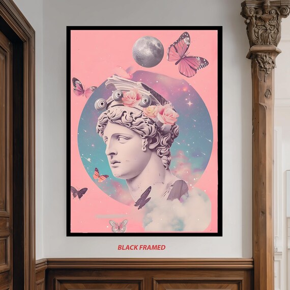Greek Statue Wall Art With Surreal Pastel Space Background Butterflies And Roses For Dreamy Vaporwave Room Decor Pop