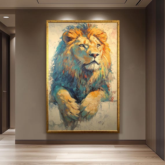 Colorful Lion Painting On Canvas Abstract Wildlife Wall Art Hand Painted Majestic Artwork Bold Animal Decor Modern Safari Gift