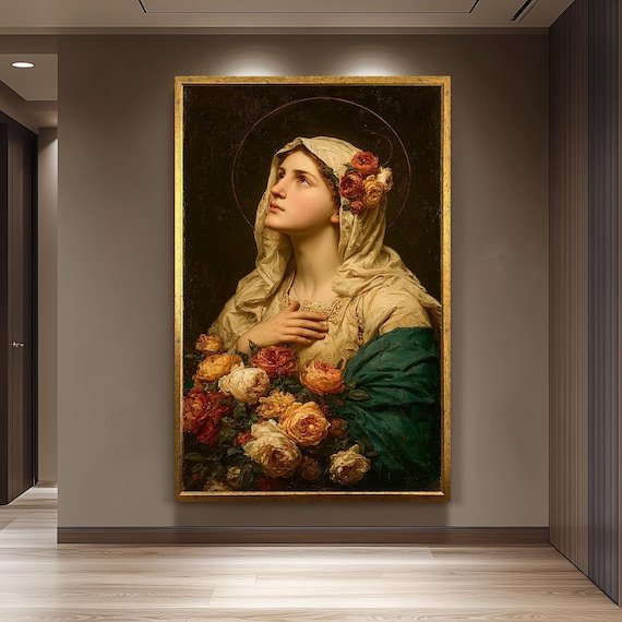 Virgin Mary With Roses Vintage Catholic Holy Mother Devotional Poster