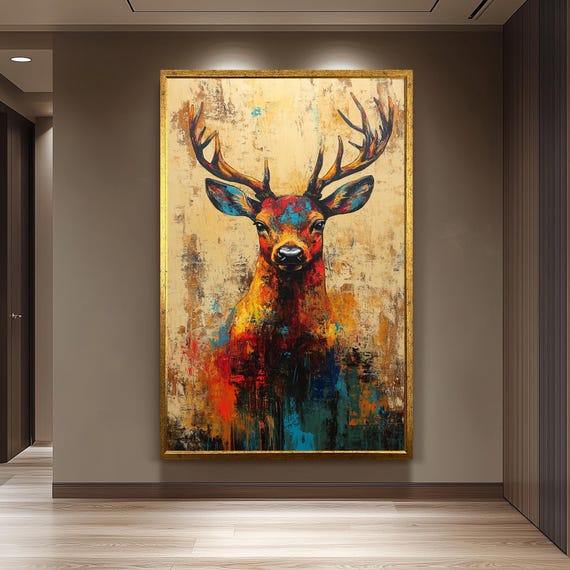Colorful Pop Art Deer Painting Wall Abstract Animal Decor For Living Room Cabin Or Office Unique Gift Wildlife And Lovers