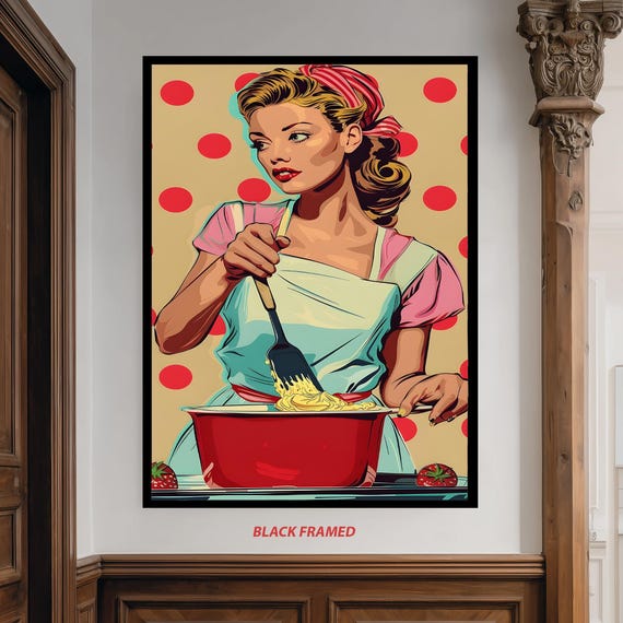 Retro Pop Art Kitchen Canvas Wall Vintage Style Housewife Cooking Illustration For Bold Colorful 1950s Diner Decor