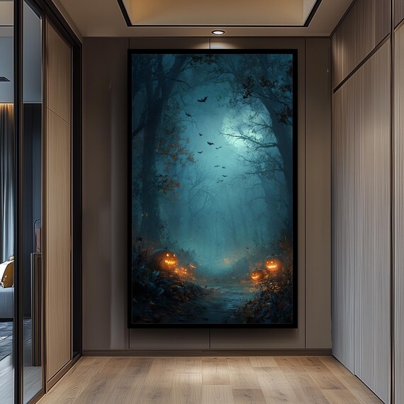 Spooky Haunted Forest Path With Glowing Jackolanterns And Flying Bats Canvas Wall Art For Halloween Dark Fantasy Decor Living Room