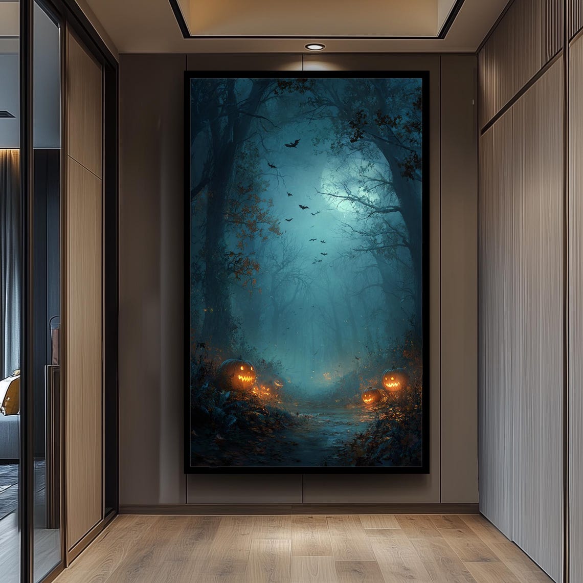 Spooky Haunted Forest Path Glowing Jackolanterns Bats Moon Poster