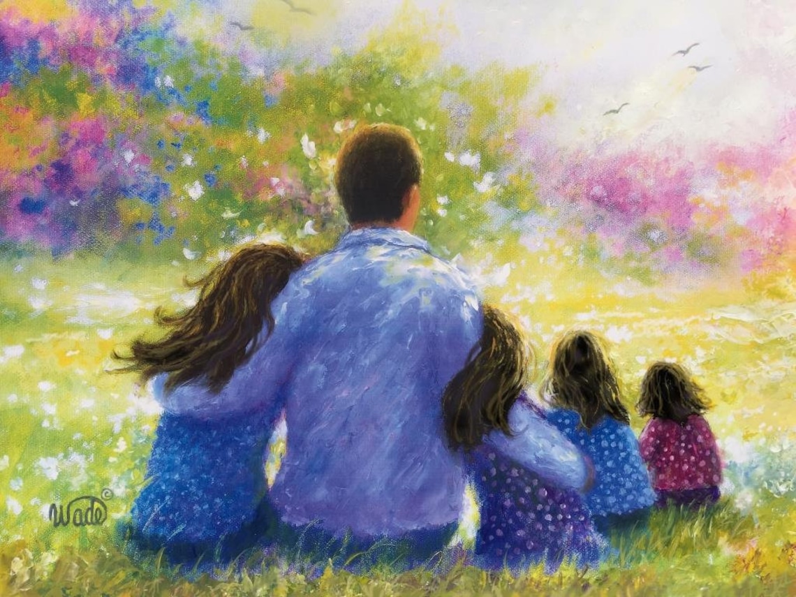 Father With His Four Daughters Sitting In A Flower Garden Poster
