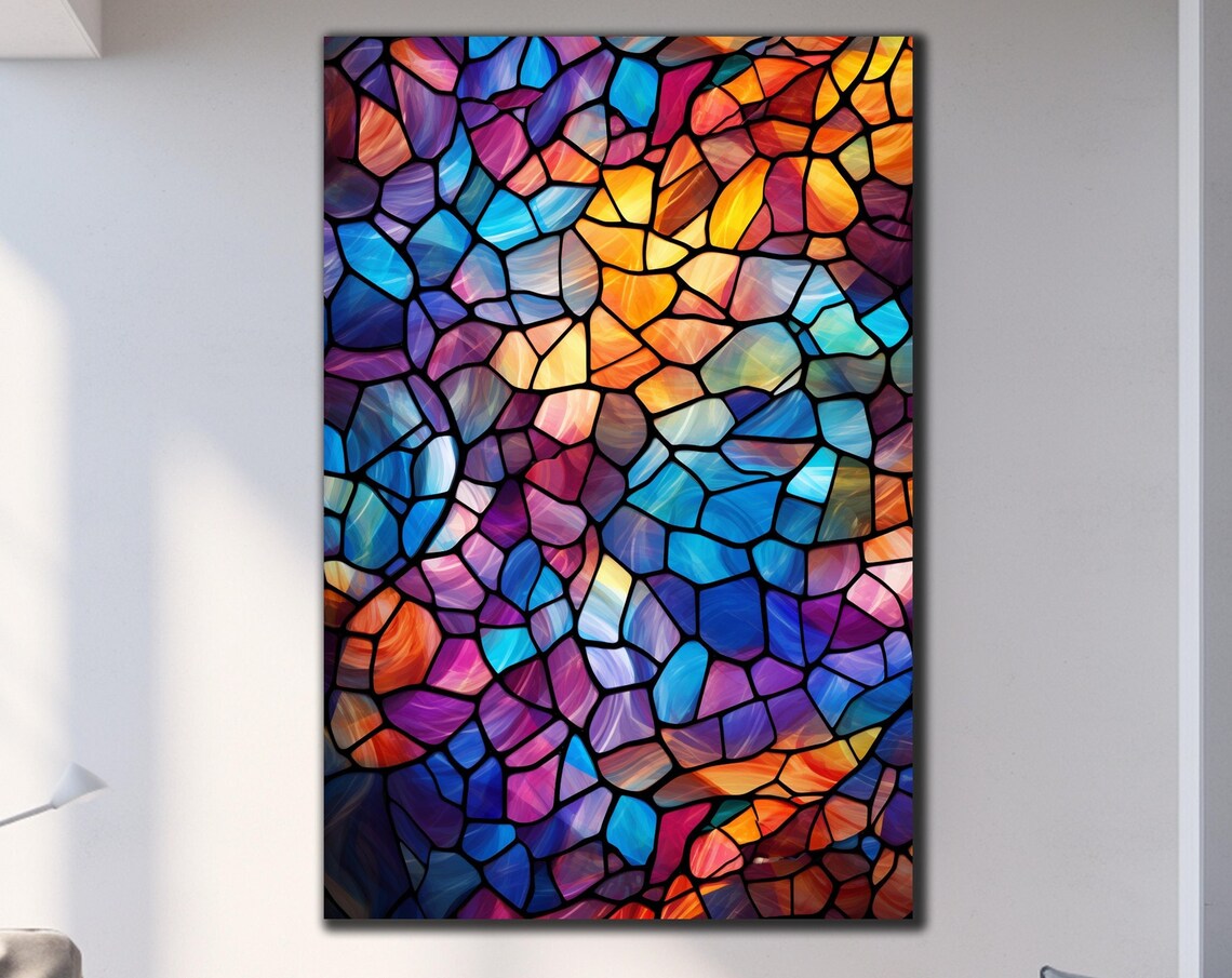Colorful Stained Glass Mosaic Abstract Blue Orange Art Wall Poster
